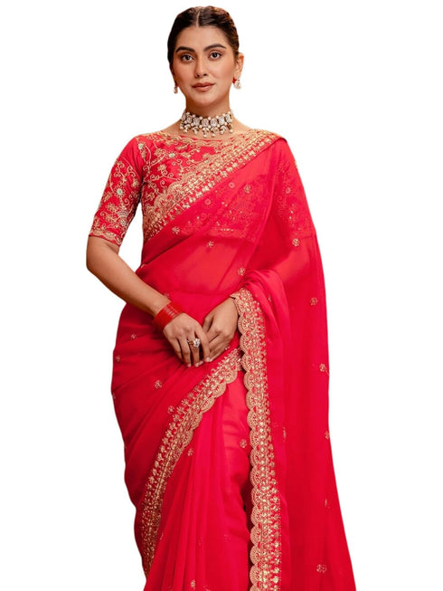 Vasthrlay Georgette Embroidery Unstitched Coral Saree