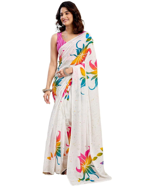 Vasthrlay Womens Printed Unstitched White Saree