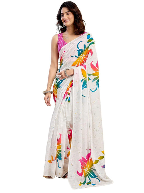 Vasthrlay Womens Printed White Saree With Pink Unstitched Blouse Piece