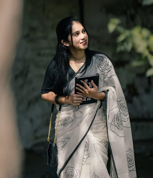 Vasthrlay White and Black Linen Saree with Rose Print | Elegant Minimal Border For Office and Casual Saree