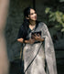 Vasthrlay White and Black Linen Saree with Rose Print | Elegant Minimal Border For Office and Casual Saree