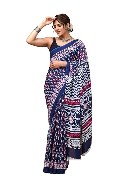 Crafts Moda Hand Block Ajrakh Print Cotton Saree For Women With Blouse