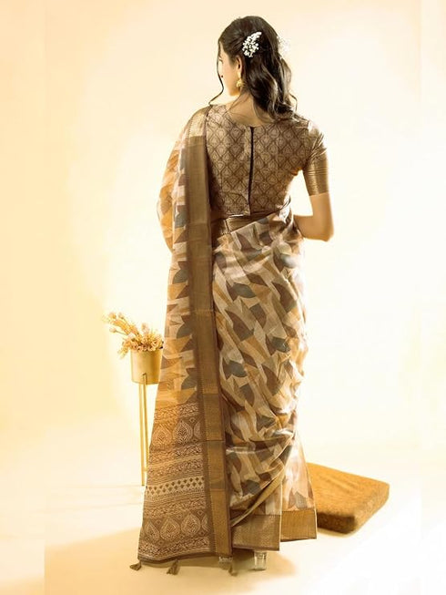 Vasthrlay Earthy Grey Abstract Print Polyester Saree With Zari Border And Unstitched Blouse Piece