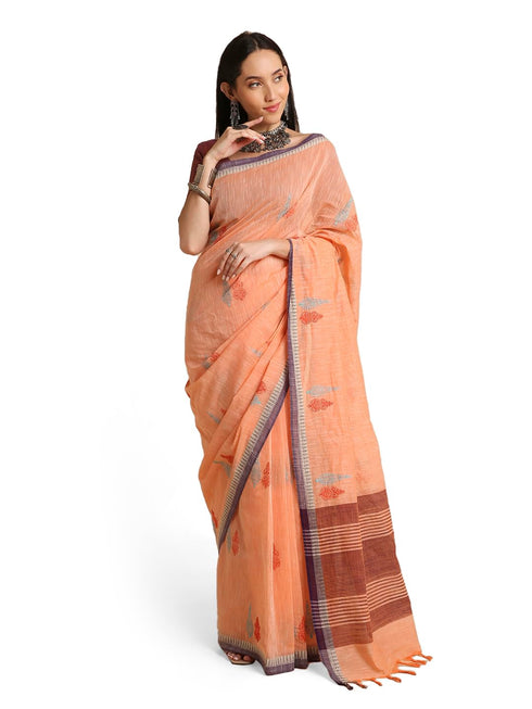 Vasthrlay Handloom Embroidered Apricot Saree