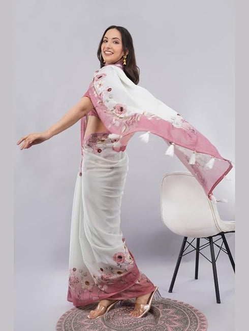 Vasthrlay Off White1 Floral Printed Gerogette Saree With Zari Pallu And Unstitched Blouse Piece