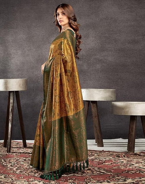 Vasthrlay Kanjivaram Banarasi Yellow And Green Saree With Unstitched Blouse Piece