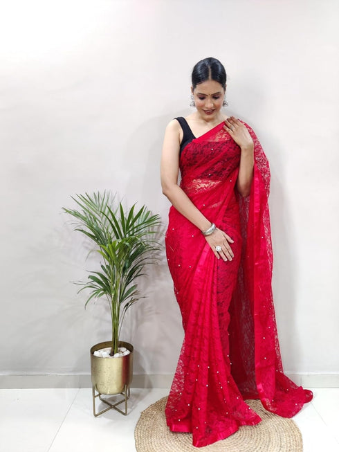 Vasthrlay Red Unstitched Saree
