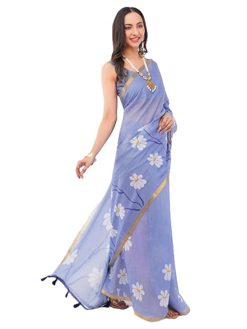 Vasthrlay Blue1 Womens Ready To Wear One Minute Linen Fabric Saree
