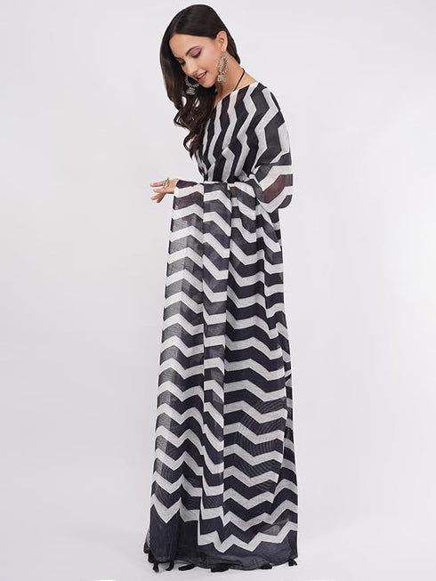 Vasthrlay Black Womens Printed Linen Saree With Unstitched Blouse Piece
