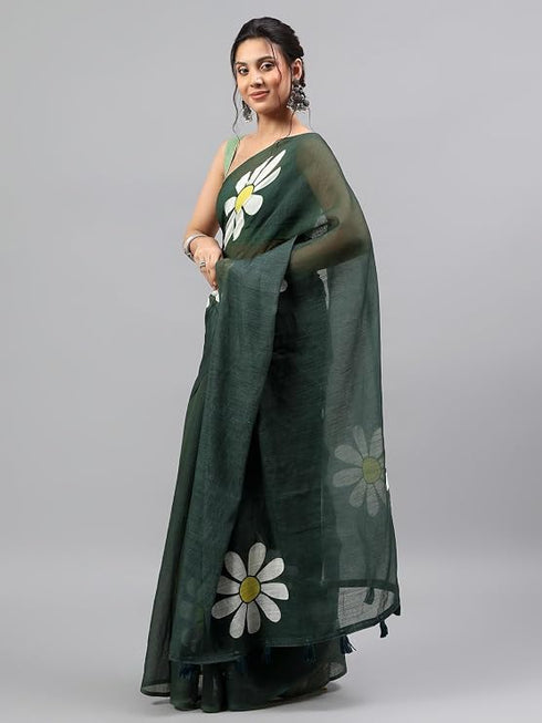 Vasthrlay Dark Green Linen Floral Printed Saree With Solid Unstitched Linen Blouse Piece