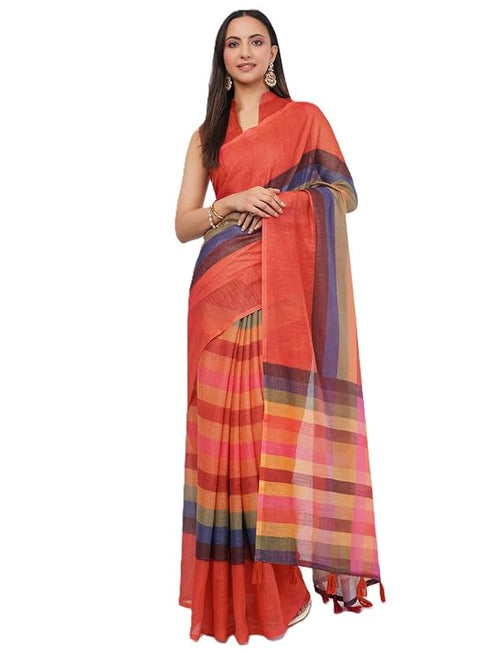 Vasthrlay Multicolour Kathakali Print Linen Saree With Gold Zari Border And Unstitched Blouse Piece