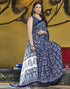 Vasthrlay Printed Pleated Dark Blue Saree With Unstitched Blouse Piece