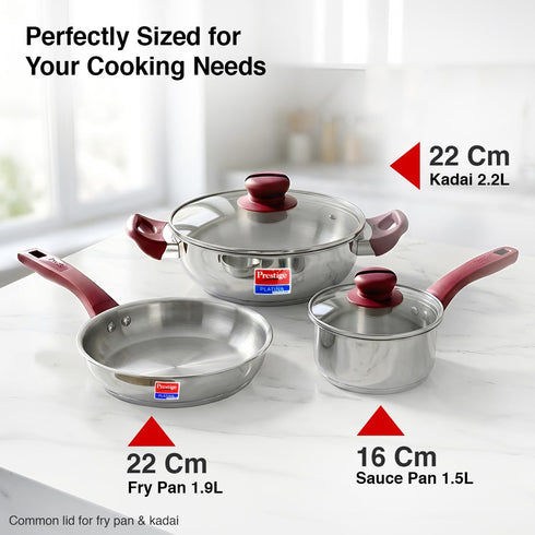 Prestige Stainless Steel 3 Pc Cookware Set with 2 Glass Lids