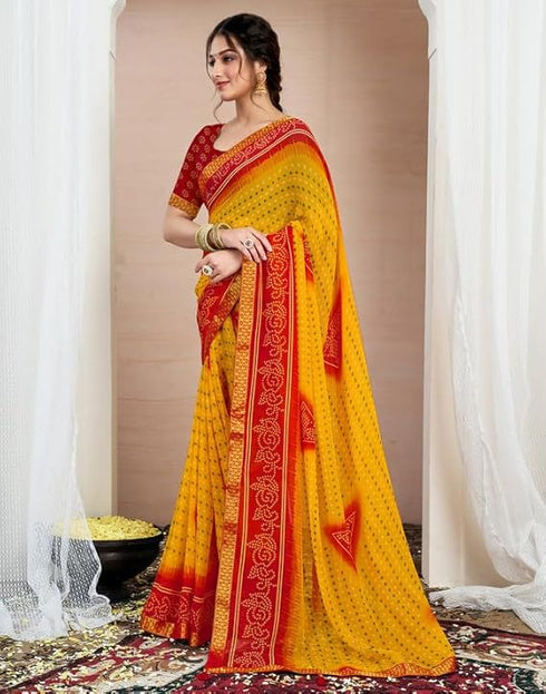 Vasthrlay Chiffon Bandhani Unstitched Yellow Saree