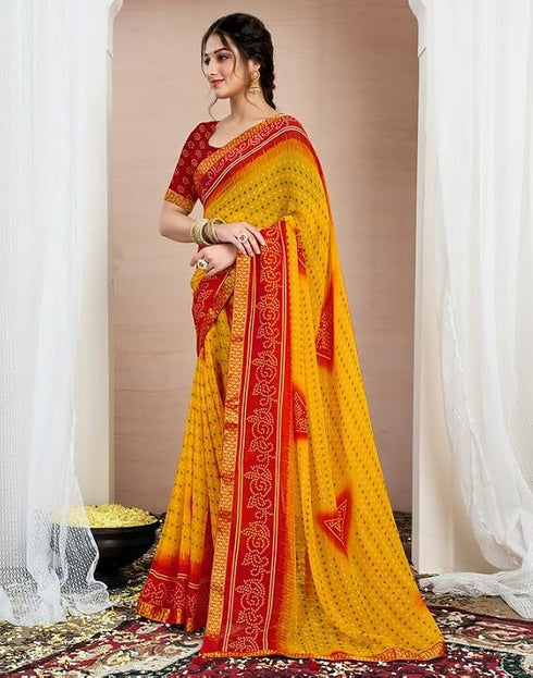 Vasthrlay Chiffon Bandhani Yellow & Red Saree With Unstitched Blouse Piece
