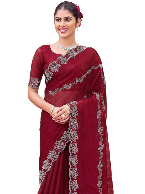 Vasthrlay Shimmer Chiffon Unstitched Maroon Saree