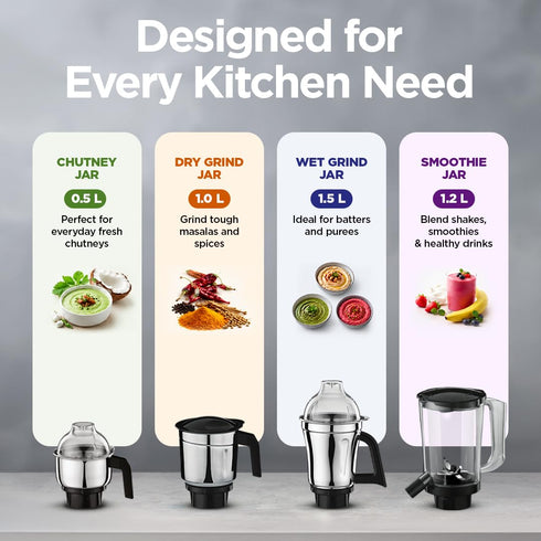 Preethi Boltz 1000 Watts Mixer Grinder, 4 Jars (3 Stainless Steel Jars, Blender Jar), Powerful Grinding for Masalas, Chutneys and Batters, 2 Year Warranty, Lifelong Free Service, Black