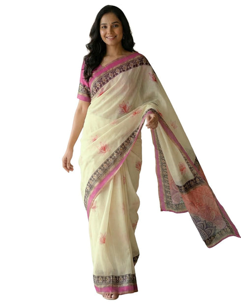 Vasthrlay Womens Printed Unstitched Peach Saree