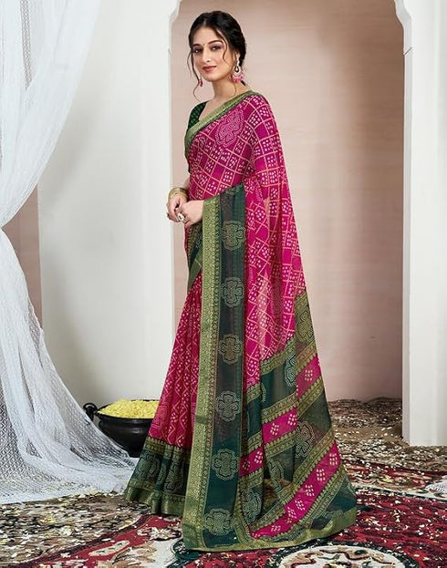 Vasthrlay Chiffon Bandhani Rani Pink & Dark Green Saree With Unstitched Blouse Piece