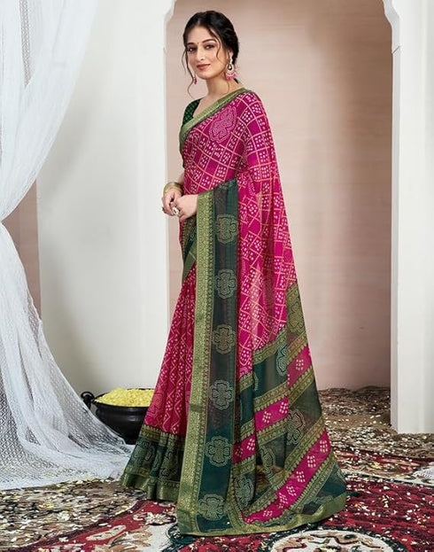 Vasthrlay Chiffon Bandhani Unstitched Yellow Saree