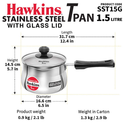 Hawkins Stainless Steel Tpan 1.5 Liter with Glass lid