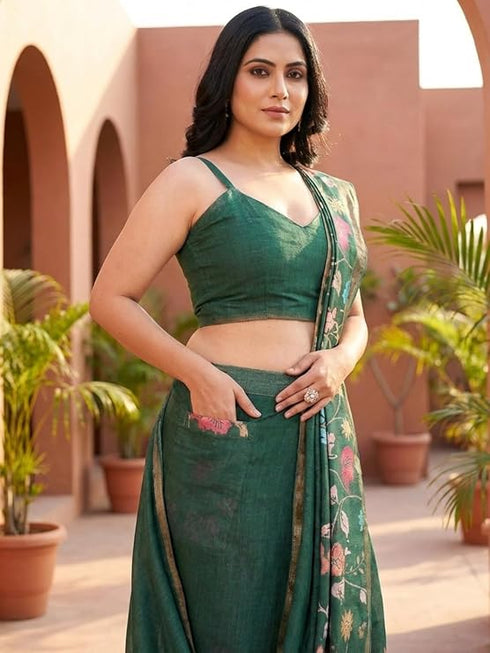 Vasthrlay Green Floral Print Ready To Wear Linen Saree