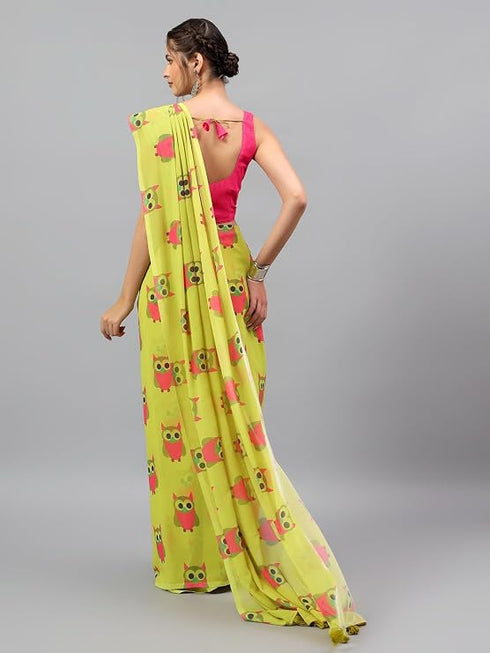 Vasthrlay Green Floral| Solid| Striped Design Georgette Saree With Unstitched Blouse Piece
