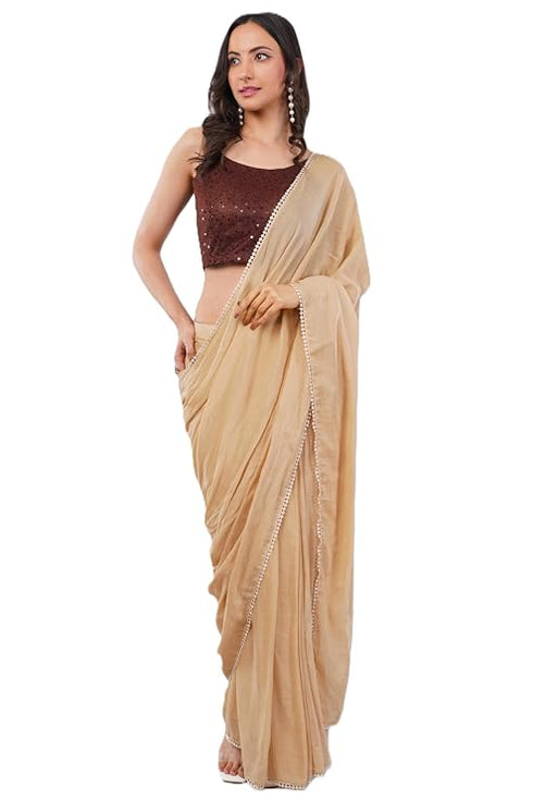 Vasthrlay Womens Beige Cotton Ready To Wear Saree