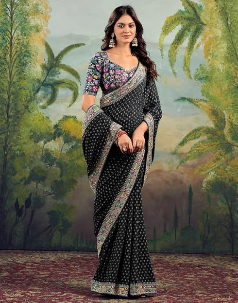 Vasthrlay Georgette Embroidery Unstitched Green Saree