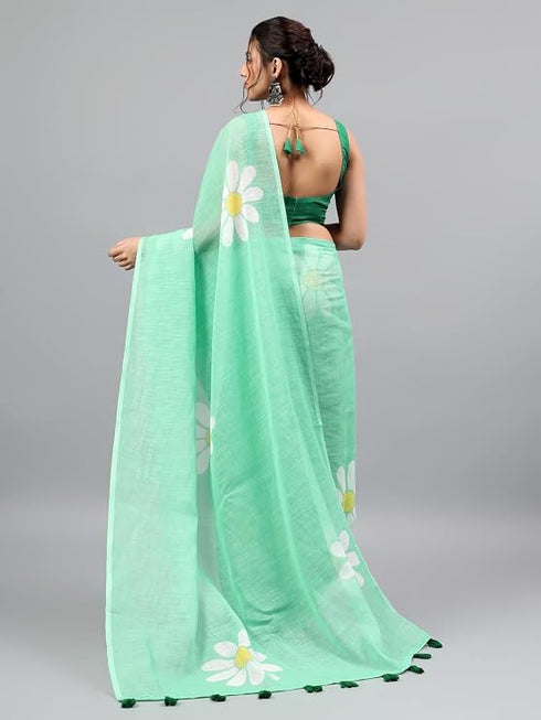 Vasthrlay Green Womens Ready To Wear One Minute Linen Fabric Saree