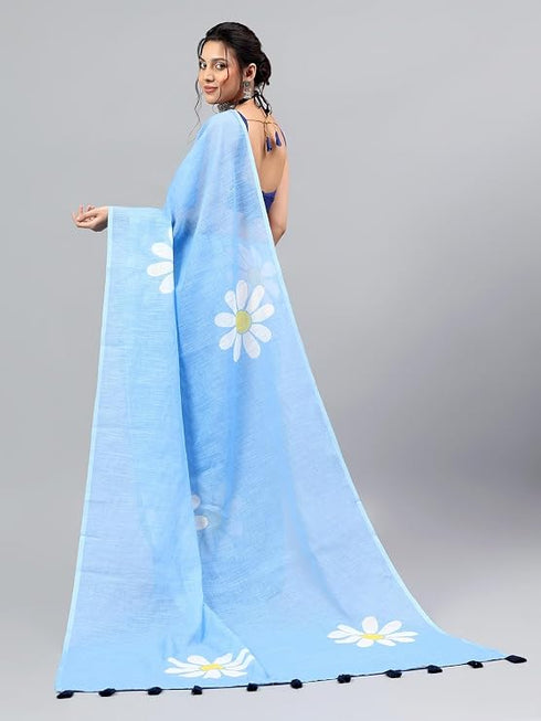 Vasthrlay Blue Linen Floral Printed Saree With Solid Unstitched Linen Blouse Piece
