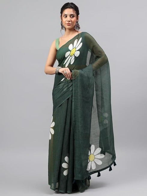 Vasthrlay Dark Green Linen Floral Printed Saree With Solid Unstitched Linen Blouse Piece