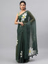 Vasthrlay Dark Green Linen Floral Printed Saree With Solid Unstitched Linen Blouse Piece