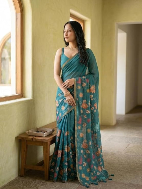Vasthrlay Turquoise Floral Linen Saree With Solid Black Unstitched Blouse