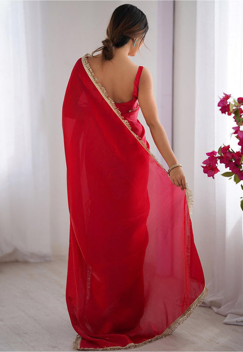 Vasthrlay Red Sequins Unstitched Saree