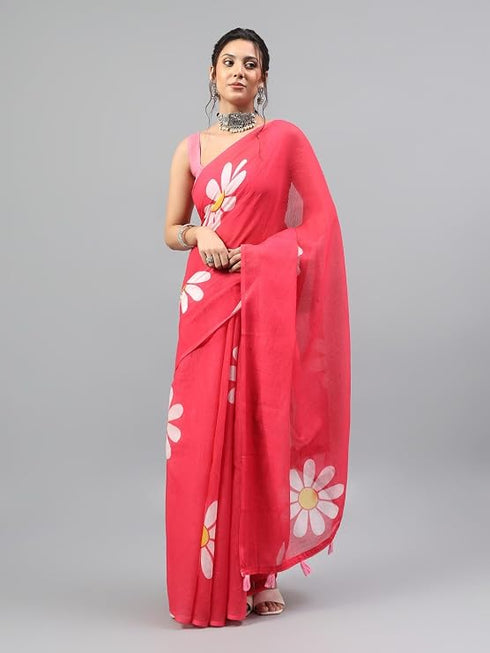 Vasthrlay Tomato Pink Linen Floral Printed Saree With Solid Unstitched Linen Blouse Piece