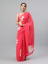 Vasthrlay Tomato Pink Linen Floral Printed Saree With Solid Unstitched Linen Blouse Piece