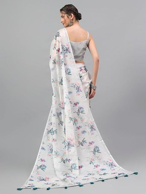 Vasthrlay White Sheer Spring Floral Printed Art Chiffon Saree With Unstitched Blouse
