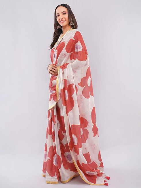 Vasthrlay Maroon Womens Floral Printed Ombre Ready To Wear One Minute Faux Georgette Saree