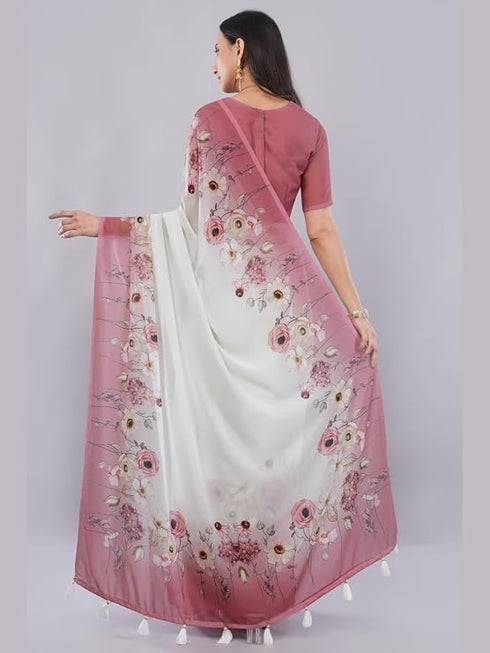 Vasthrlay Off White1 Floral Printed Gerogette Saree With Zari Pallu And Unstitched Blouse Piece