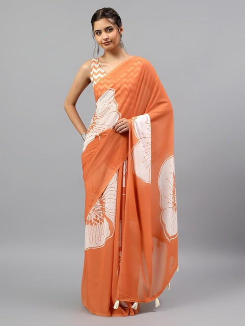 Vasthrlay Midnight Orange Georgette Botanical Floral Printed Saree With Unstitched Blouse