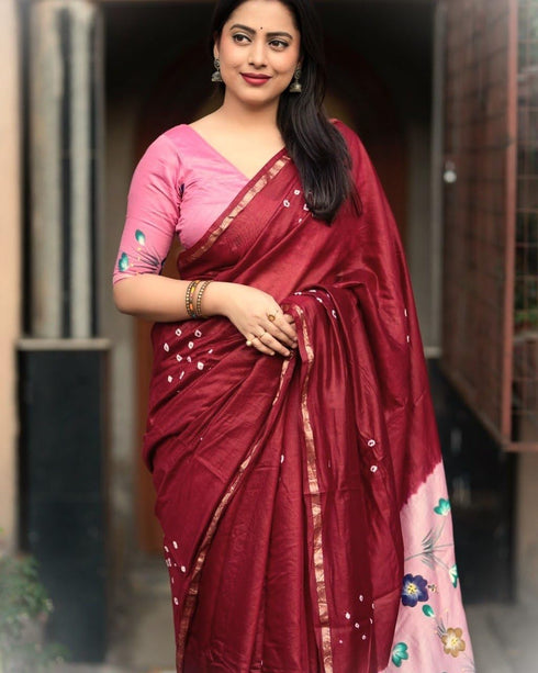 Vasthrlay Mulmul Linen Cotton Saree | Red with Pink Floral Printed Pallu Zari Border