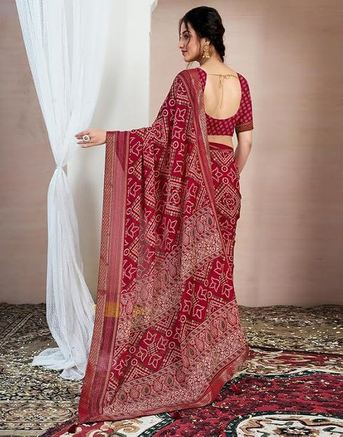 Vasthrlay Chiffon Bandhani Red1 Saree With Unstitched Blouse Piece