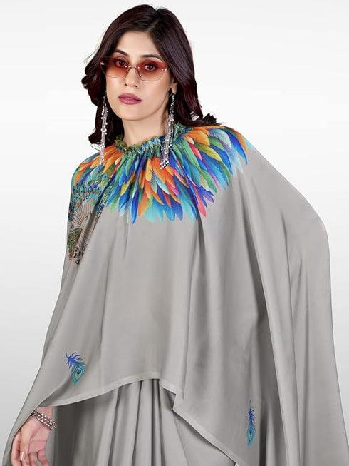 Vasthrlay Printed Kaftan Freehand Grey Women's Satin Saree With Unstitched Blouse Piece
