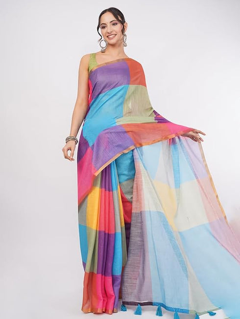 Vasthrlay Multicolour Linen Floral| Striped| Check Design Printed Saree With Solid Unstitched Linen Blouse Piece