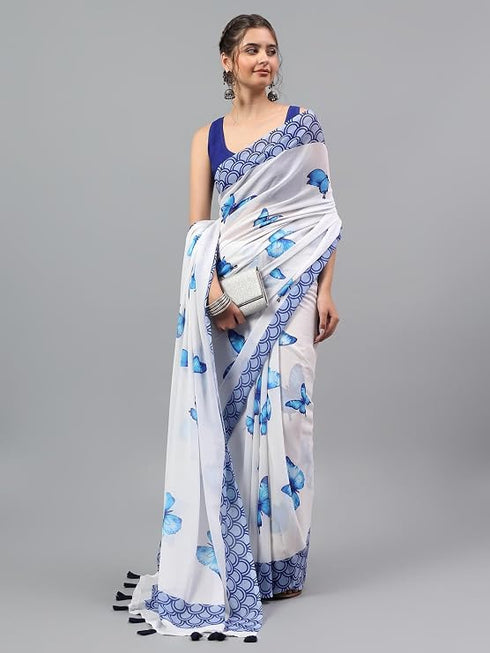 Vasthrlay White1 Floral| Solid| Striped Design Georgette Saree With Unstitched Blouse Piece