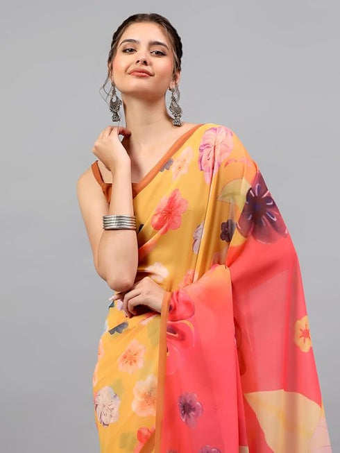 Vasthrlay Yellow Floral| Solid| Striped Design Georgette Saree With Unstitched Blouse Piece