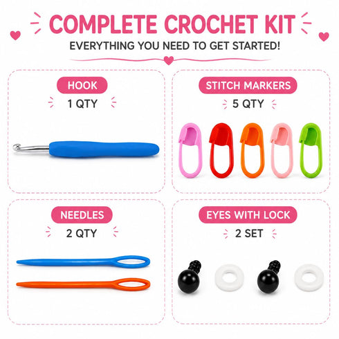 Crochet Kit for Beginners with Yarn, Hooks, Stitch Markers