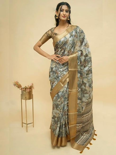 Vasthrlay Grey Brown Abstract Print Polyester Saree With Antique Zari Border And Unstitched Blouse Piece