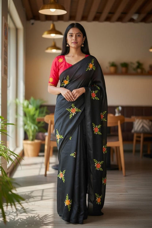 Vasthrlay Vichitra Embroidery Brown Black